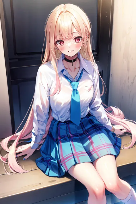 Masterpiece, best quality, high resolution, Kitagawa Marine, blonde hair, long hair, multi colored hair, I have pink tips., red eyes, decorations, necklace, black choker, white collar shirt, long-sleeved shirt, Blue tie, blue plaid skirt, short skirt, black stockings, ear piercing, big breasts, Medium hips, perfect thighs, bracelet, bedroom, cross-legged sitting, Blush, smile, excited, see teeth, charming, Wonderful hands., good light