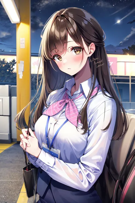 (masterpiece:1.2),best quality,PIXIV,Shino amagi OL,
1girl,solo,brown hair,long hair,breasts,looking at viewer,brown eyes,office lady,ol,blush,shy,
street,night,bus,station,
<lora:Shino amagi OL-000018:0.9>,