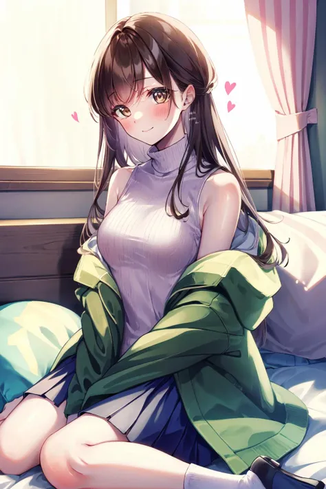 -Shino amagi OL, 1girl, solo, sitting, looking at viewer, long hair, blush, brown hair, indoors, brown eyes, jacket, smile, heart, green jacket, breasts, curtains, bangs, skirt, sleeveless, sweater, wariza, socks, off shoulder, medium breasts, sweatdrop, turtleneck, closed mouth, bare shoulders, pillow, bed, black socks<lora:Shino amagi OL-000018:0.9>,