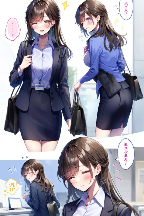-Shino amagi OL, 1girl, brown hair, shirt, long hair, !, office lady, smile, blush, skirt, speech bubble, thought bubble, closed eyes, purple eyes, collared shirt, bag, spoken exclamation mark, white shirt, closed mouth, ass, open mouth, dress shirt, blue cardigan, eyelashes, pencil skirt, long sleeves, bangs, artist name, multiple views, standing, black skirt, blue jacket, half updo, breasts, from behind, white background, blue shirt, signature<lora:Shino amagi OL-000018:0.9>,