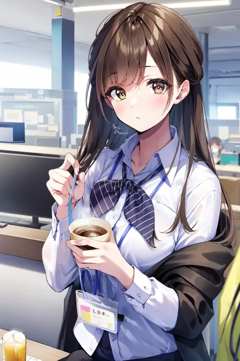 (masterpiece:1.2),best quality,PIXIV,Shino amagi OL,
1girl,cup,solo,brown hair,long hair,breasts,looking at viewer,brown eyes,office lady,ol,
office,
<lora:Shino amagi OL-000018:0.9>,
