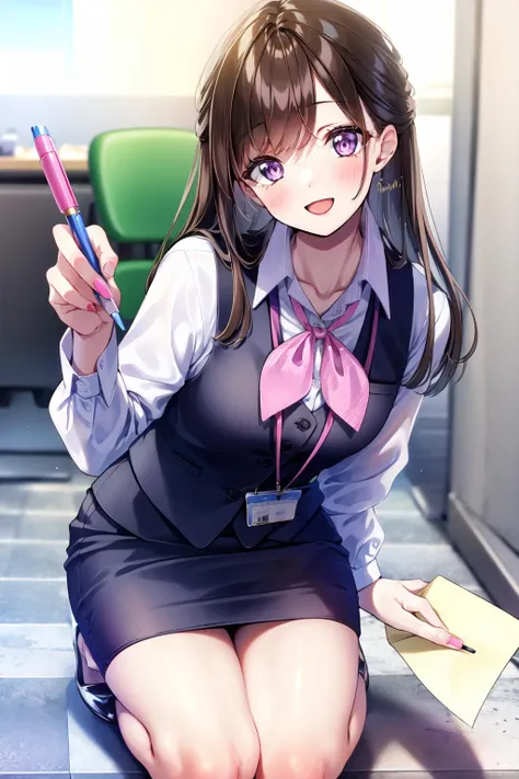 -Shino amagi OL, 1girl, office lady, solo, smile, brown hair, purple eyes, long hair, collared shirt, shirt, skirt, blush, white shirt, looking at viewer, signature, pencil skirt, eyelashes, blurry background, squatting, holding, artist name, open mouth, office chair, :d, blurry, pen, bangs, paper, black footwear, black skirt, vest, collarbone, lanyard, breasts, chair, id card, pink nails, striped, holding pen, dress shirt, holding paper, long sleeves, parted bangs, neckerchief, nail polish, thighs, full body, head tilt, black vest, medium breasts, checkered floor, pink ribbon, high heels, striped bow, ribbon, miniskirt<lora:Shino amagi OL-000018:0.9>,