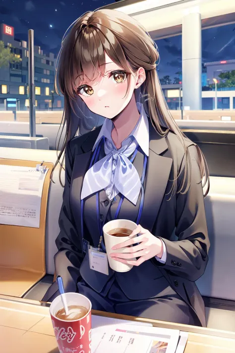 (masterpiece:1.2),best quality,PIXIV,Shino amagi OL,
1girl,cup,solo,brown hair,long hair,breasts,looking at viewer,brown eyes,office lady,ol,
street,night,bus,station,
<lora:Shino amagi OL-000018:0.9>,