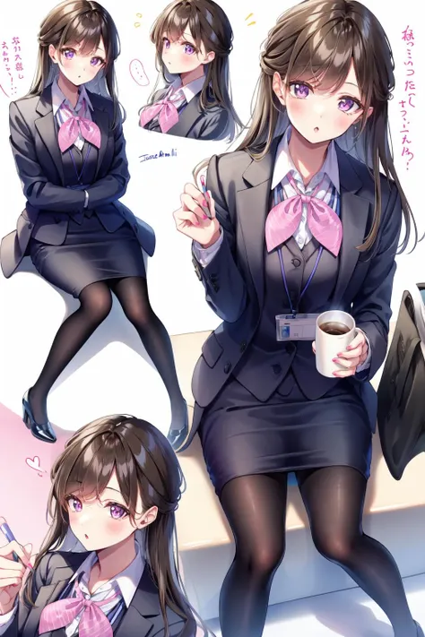 -Shino amagi OL, 1girl, purple eyes, skirt, coffee mug, artist name, office lady, coffee, long hair, pantyhose, looking at viewer, multiple views, eyelashes, mug, blush, signature, smile, holding cup, cup, holding, shirt, brown hair, jacket, high heels, standing, collared shirt, black footwear, white background, white shirt, full body, pencil skirt, id card, simple background, sitting, blazer, parted lips, closed mouth, pink nails, long sleeves, black jacket, bangs, lanyard, parted bangs, bow, :o<lora:Shino amagi OL-000018:0.9>,