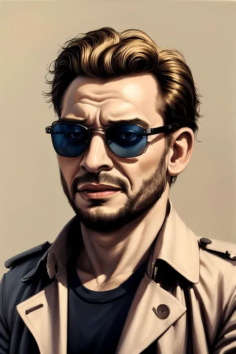 realistic photorealistic detailed intricate, pastel oil painting of man in a trench coat, sun glasses, blonde hair,