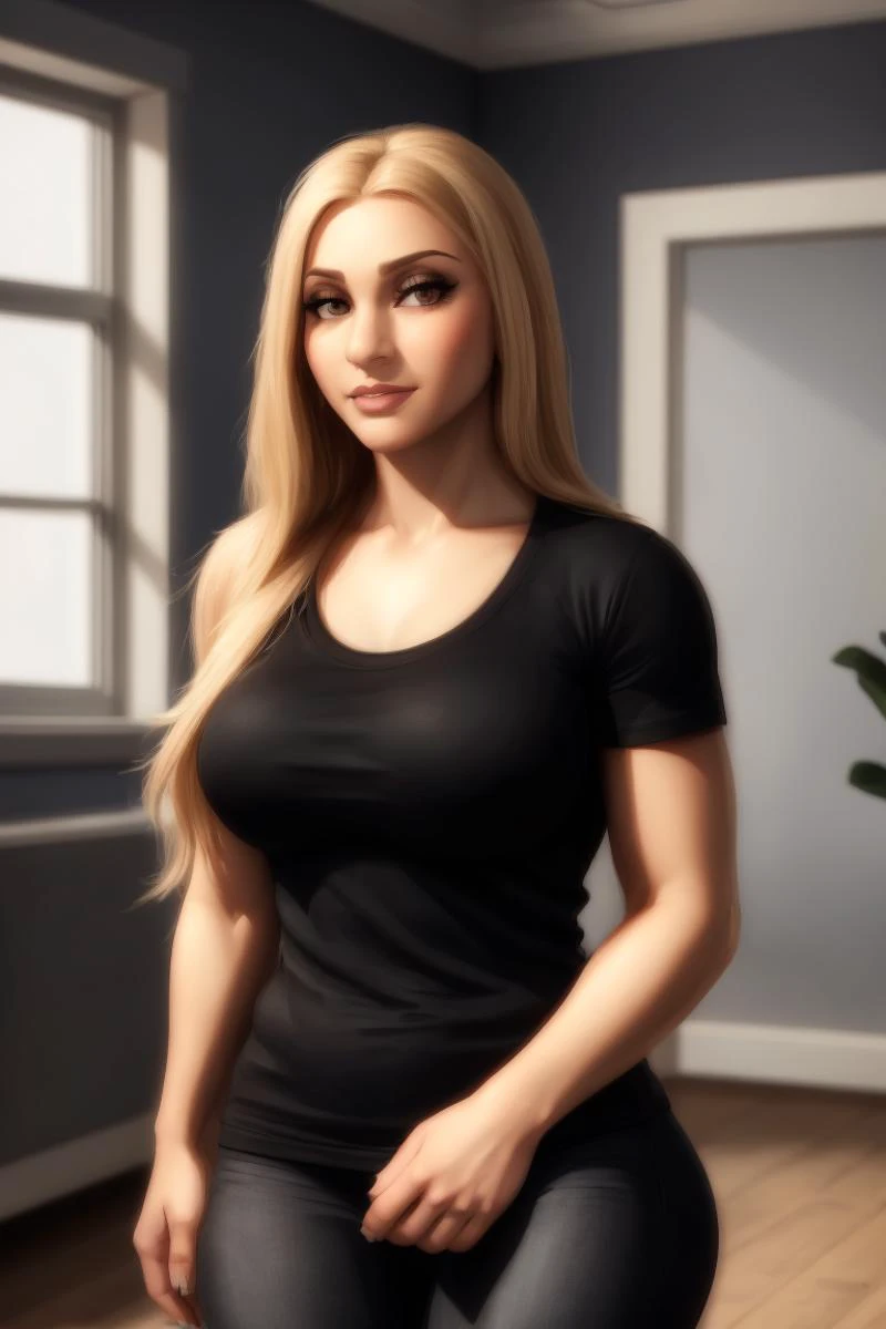 blonde woman, long hair, black t-shirt, indoors, pants, arms at sides