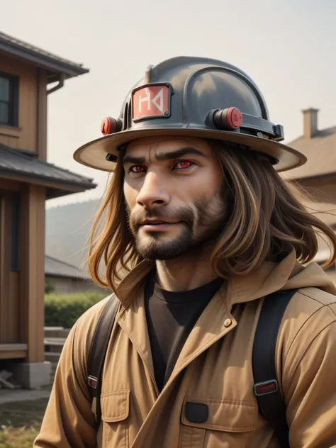 close-up, human man, firefighter, hat, firefighter helmet, firefighter coat, very long hair, red eyes, outdoors