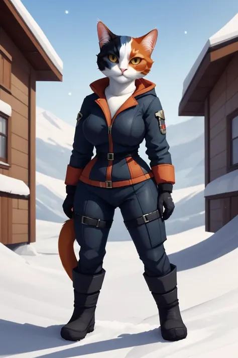 calico cat woman, furry female, anthro, jacket, sky, outdoors, tail, snow, winter, boots