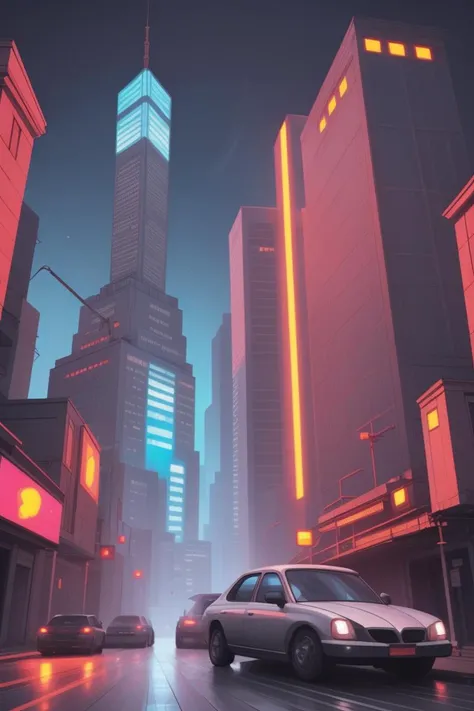 futuristic city, towers, neon lights