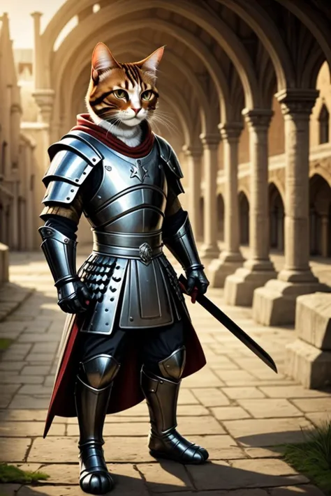 cat, knight, standing, full armor,  outdoors, boots