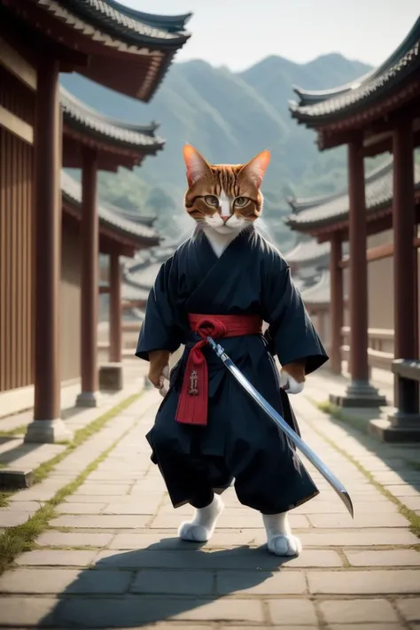 cat, samurai, clothing, katana, outdoors, pants, barefeet