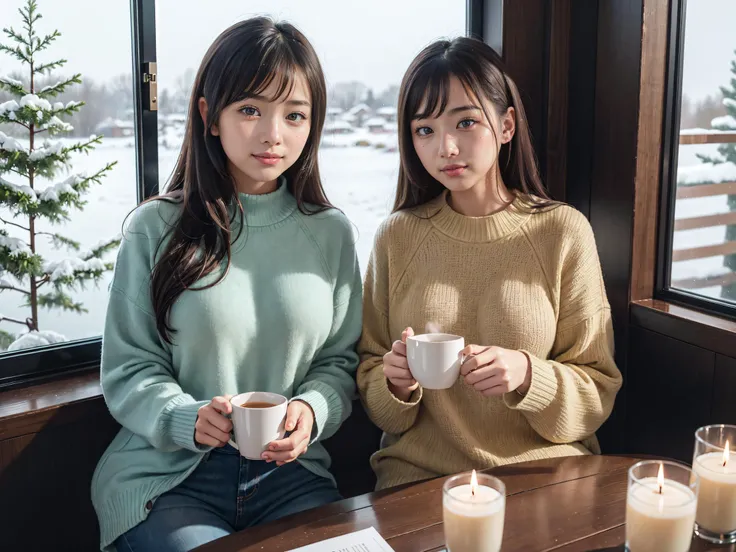 masterpiece, best quality, (realistic, photo-realistic:1.2),an extremely delicate and beautiful, ultra-detailed, dark lighting, highres, dimly lit, highly detailed skin, a picture of a two korean girls in cozy sweaters and blue jeans sitting at a panorama window in winter while drinking a cup of steaming hot tea, after a snowshowers, cozy atmosphere, cosy interior, from aside, smile