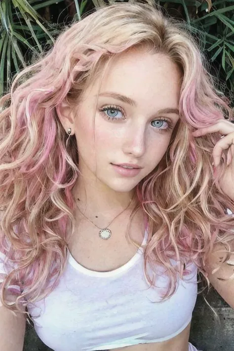photo shoot, portrait, gorgeous european sassy woman, 20 years old, big blonde wavy hair, tight bright-pink mini skirt, tight white tshirt, correct eyes, beauty eyes look tantalizing into cam, cute symmetrical detailed face, at university
