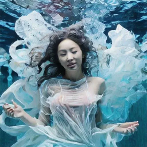 [[small breasts]] [[[underwater photo]]] naked 27 years old Asian woman, smiling, photogenic pose, [[brunette hair]], pink nipples, sweat, floating, ((detailed facial features)), ((wide angle))
