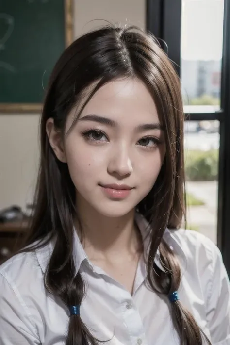 8k raw photo, best quality, masterpiece, realistic, ultra detail, photo realistic, high resolution,highres, smoother lighting,realistic lighting, Increase quality, best quality real texture skin, upper body, slender, cute face, smile, beautiful details eyes, 20yo, pretty, drill hair,school uniform,