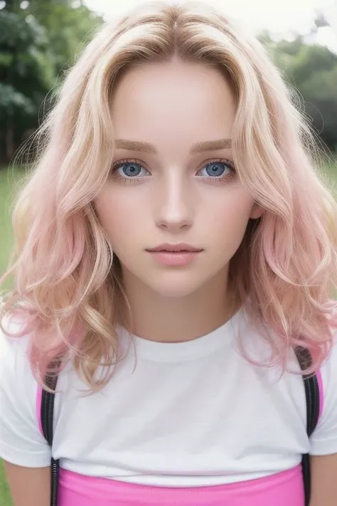 high resolution photo shoot, portrait, good focus, gorgeous european sassy woman, 20 years old, big blonde wavy hair, tight bright-pink mini skirt, tight white tshirt, detailed similar natural real eyes, look tantalizing into cam, cute symmetrical detailed face, at university