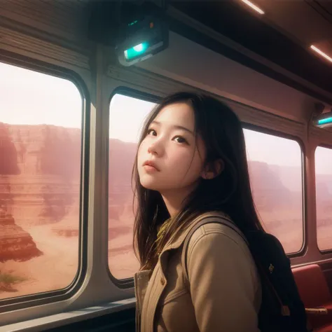 1girl, portrait art by Drew Struzan, landscape of a Organic Canyon from inside of a Bus station, Spring, Romantic, studio lighting, CMYK Colors