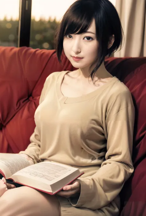 <lora:sakuraayane_lora:1.0>, ayane sakura, night, warm light, reading a book, relaxing on couch, wool sweater dress,