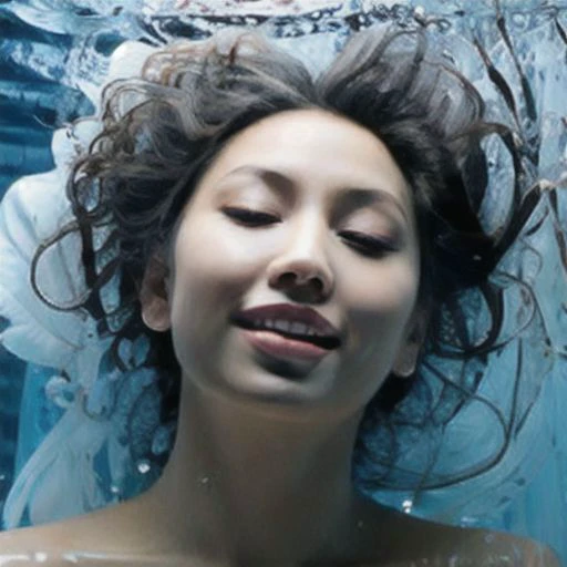 [[small breasts]] [[[underwater photo]]] naked 27 years old Asian woman, smiling, photogenic pose, [[brunette hair]], pink nipples, sweat, floating, ((detailed facial features)), ((wide angle))