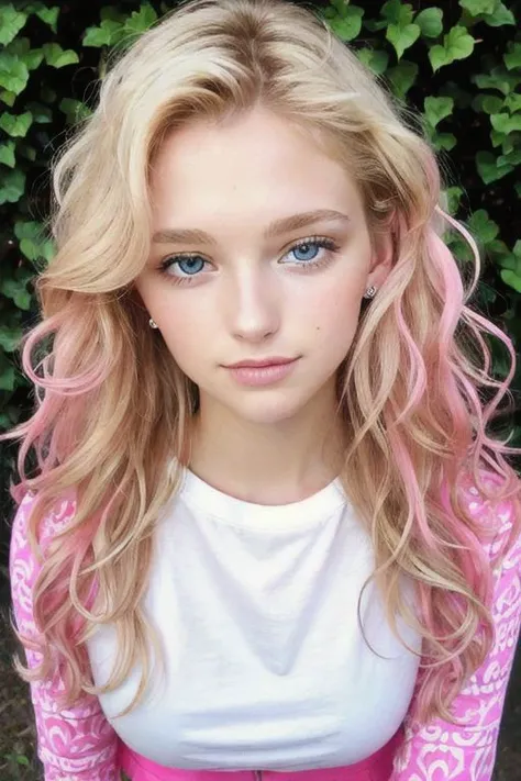 high resolution photo shoot, portrait, gorgeous european sassy woman, 20 years old, big blonde wavy hair, tight bright-pink mini skirt, tight white tshirt, correct detailed eyes, beauty eyes look tantalizing into cam, cute symmetrical detailed face, at university