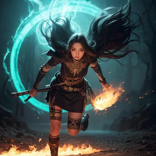 Waist insane Photography of 36 y.o. a running european girl ((sorcerer):1.6) with very long uniform,extreamly beauty, turquoise eyes with circular iris, natural pose, intricate details,dark long coat,((magical fantasy city wall in the background)),beautiful symmetrical face, (Gorgeous Photo:1.4) of (Ultra detailed:1.4), (photorealistic:1.4),( realistic:1.4),64k,(ultra realistic face:1.4) masterpiece, ((ultra detailed:1.1)), (natural skin texture:1.3), (natural skin pores:1.3), 64k textures, ((cinematic look)), intricate,(full body:1.3), dark fantasy style photo, fantasy photo, fantasy style photo, epic fantasy style photo, fantasy photo style, in style of dark fantasy photo, fantasy genre photo, octane render, Unreal Engine 5, Cinematic, Color Grading, portrait Photography, Ultra-Wide Angle, Depth of Field, hyper-detailed, insane details, crystal view, Photoshoot, Shot on 70mm lens, Shutter Speed 1/1000, F/22And, by aderek, by Pawel Tomczuk, <lora:Anamorphic lens flare:0.2> <lora:weird future fashion_v4:0.01> BREAK 128k textures, BREAK 128k textures, BREAK dark yellow light behind, magic dark blue fire flame, magic green smoke , ((background beating green glow):1.3), (magic circle of yellow flame),