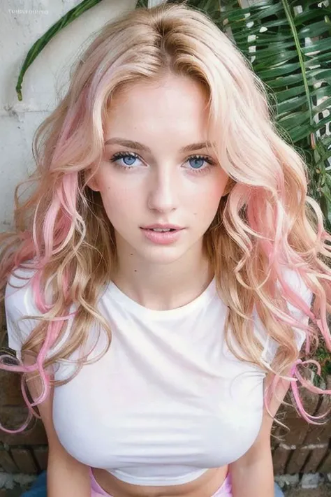 high resolution photo shoot, portrait, good focus, gorgeous european sassy woman, 20 years old, big blonde wavy hair, tight bright-pink mini skirt, tight white tshirt, detailed similar natural real eyes, look tantalizing into cam, cute symmetrical detailed face, at university