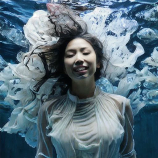 [[small breasts]] [[[underwater photo]]] naked 27 years old Asian woman, smiling, photogenic pose, [[brunette hair]], pink nipples, sweat, floating, ((detailed facial features)), ((wide angle))