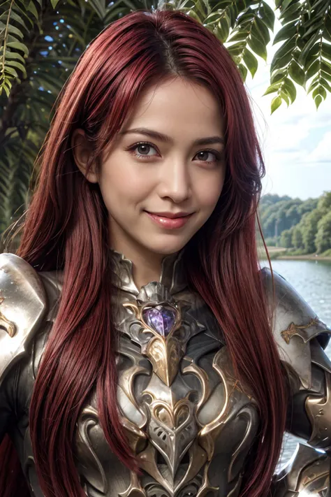 (beautiful charming girl:1.8), afternoon in a fantasy ultra realistic highly extremely detailed enchanted ((colorful highland:1.8)) with (highly realistic very detailed colorful trees, plants and glowing flowers:1.8),((glowing colorful butterflies:0.8)),(crystal clear reflective lake:1.6) (detailed red armor:1.6) (((masterpiece))), (((best quality))), 8k, epiCPhoto OverallDetail <lora:HXarmour_079:0.7> HXarmour, looking at viewer, sharp focus, (vivid colors:1.2), ((hyperrealistic:1.2)), ((photorealistic:1.2)), highres, highly detailed, perfect eyes, perfect nose, lips, ultra texture resolution, (highly detailed skin texture:1.4), perfect detailed shiny (long red hair:1.6), (delicate smile:1.9), 16 bit colors, ultra sharpness image, (crisp colors:1.4), superrealistic, (realistic skin and lips texture:1.6) (highly realistic eyes texture:1.4) (highly detailed hair texture:1.6) <lora:more_details:0.8> <lora:ReaLora:0.35> keep proportions, fit image, (full body shot:0.8), ((free pose)) DV_Keeley_Vicious