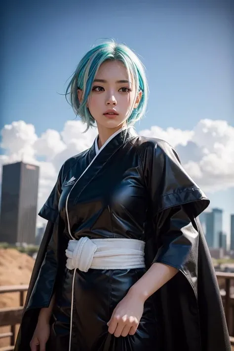 extreme detailed,cinematic composition,aestheti,1girl,solo,masterpiece,japanese,(beautiful) and cute face, white and blue hair, multicolored hair,martial arts uniform under black robe,cowboy shot,, shallow depth of field,dynamic cinematic lighting,sci-fi, fantasy, cloud city