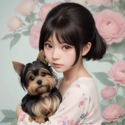 1girl, art by Hayao Miyazaki, Yorkshire Terrier, Cute, Floral motives