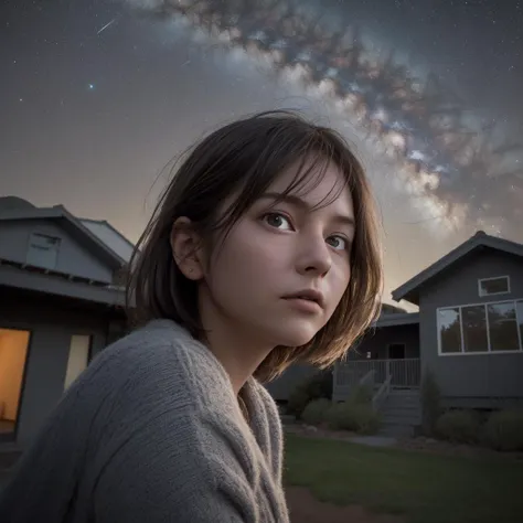 1girl, (cinema art designed by Ruben Ostlund:0.8) , medium close-up shot of a "From Where to Eternity", 1960'S, Zen Ranch house in background, hard light, Selective focus, in the style of Starry Night, extremely beautiful