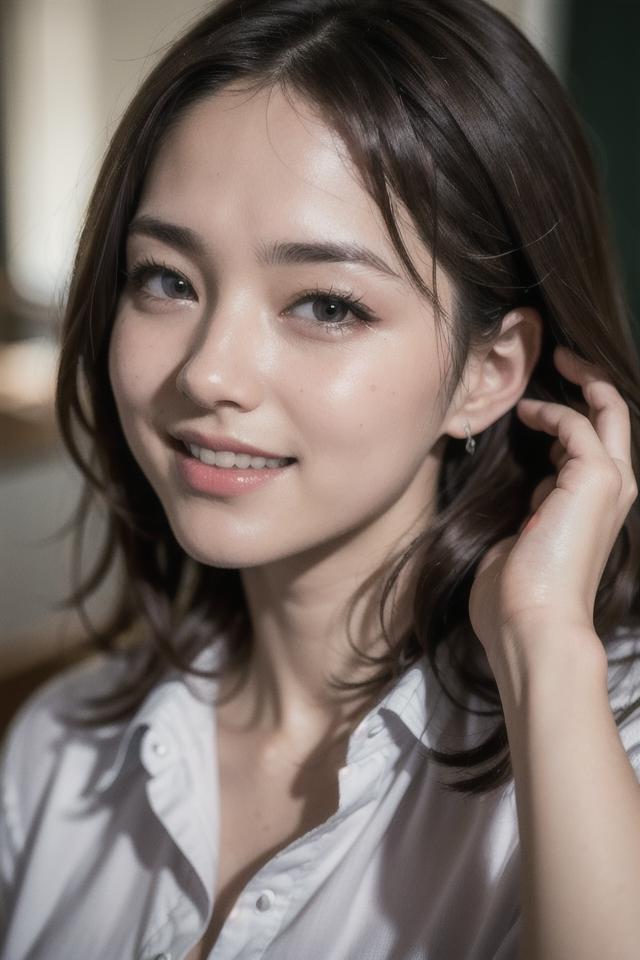A close up of a woman with a white shirt and earrings - SeaArt AI