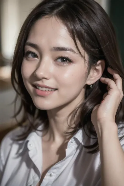 8k raw photo, best quality, masterpiece, realistic, ultra detail, photo realistic, high resolution,highres, smoother lighting,realistic lighting, Increase quality, best quality real texture skin, upper body, slender, cute face, smile, beautiful details eyes, 20yo, pretty, drill hair,school uniform,