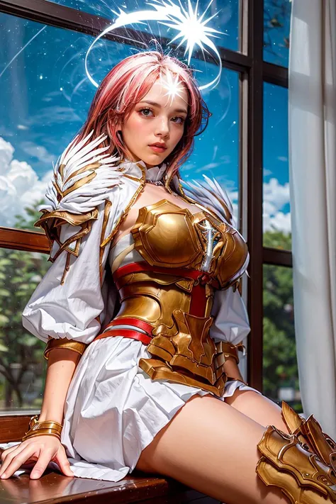 Ultra-HD-details, Ultra-HD-detailed  (masterpiece, top quality, best quality, official art, beautiful and aesthetic:1.2), (1girl), (extended downblouse), photo focus, high level of detail, best quality, masterpiece, illustration,an extremely delicate and beautiful,CG,unity,8k wallpaper, Amazing, finely detail, official art, extremely detailed CG unity, incredibly absurdres, huge filesize, ultra-detailed, highres, extremely detailed, beautiful detailed girl, realistic, medium full shot, cowboy shot, half body shot, body, thighs, narrow waist, ((neo_paladin\(dnf\),windows,long hair,  sun light through windows,sitting, <lora:neo_paladin:1>, star halo,skirt)), cinematic lighting, (vibrant:1.1), sharp focus, clouds,<lora:zoom_slider_v1:-1> <lora:add_detail:0.3>, <lora:detail_slider_v4:1>, <lora:goodhands_Beta_Gtonero:0.7>, good hands, <lora:breastsizeslideroffset:-0.5>, standing