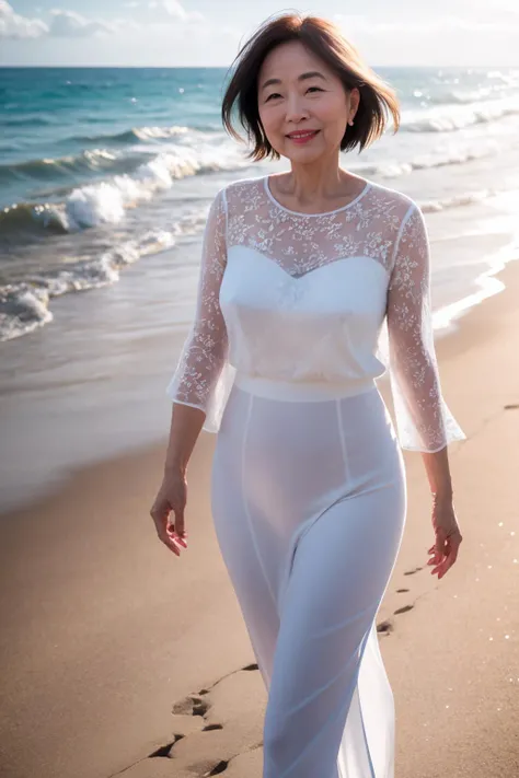 a mature woman enjoying a stroll along the seashore. detailed face, eyes, hair. laughter lines. sunlight reflecting on the ocean. volumetric light. reflection, refraction. (photographed at 35mm, f/16, ISO400. bokeh.)