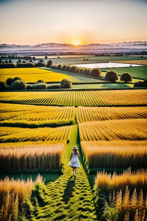 (masterwork:1.1), a birds eyes view of a field, the soft golden waves filling the screen. there is a woman wandering through the field. beside her a girl, seven or eight, in dingey sundress. both have black, tousled hair. ((wide angle))