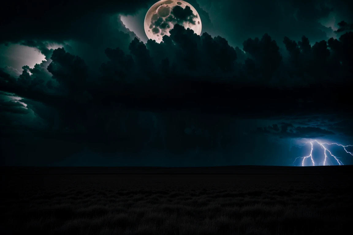 masterpiece, You are standing in a dark and ominous landscape during a stormy night. Lightning illuminates the sky, revealing thick clouds and distant thunder rumbling. The full moon casts an eerie glow across the land, making the scene feel haunted and foreboding. (highly detailed, hyperdetailed, intricate), (lens flare:0.7), (bloom:0.7), particle effects, raytracing, cinematic lighting, shallow depth of field,