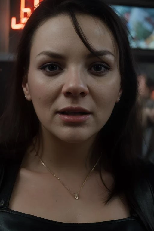 (close up:1.4) shot of, mmccutcheon woman <lora:mmccutcheon:0.9> as (scared:1.6) barmaid, (serving drinks:1.5) in sleazy neon (bar:1.4), looking into camera (cyberpunk:1.7) <lora:CyberPunkAI_v1.0:.8> CyberPunkAI high contrast, in (bright neon lights:1.5), detailed face, detailed nose, coloured highlights in hair, perfect eyes, industrial, noir, (sin city:1.2), bladerunner, cinematic shot, (looking over her shoulder:1.1). intricate background. sci-fi horror movie, dystopian, backlit, cinematic film still, shallow depth of field, vignette, extremely detailed, high budget Hollywood movie, cinemascope, (film grain:0.3), detailed, realistic, 8k uhd, high quality, 1girl