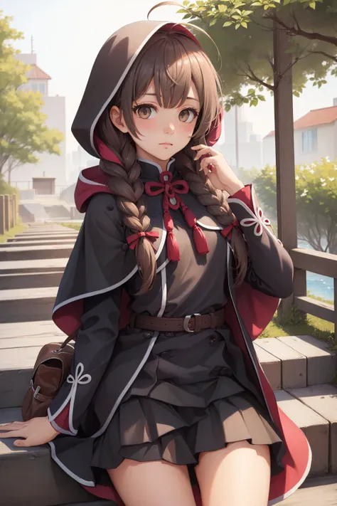 (masterpiece, best quality:1.2), <lyco:kancolle_shinshuu-12:1.0>, cowboy shot, solo, 1girl, shinshuu maru, expressionless, closed mouth, looking at viewer, ahoge, twin braids, hair ribbon, dress, long sleeves, hooded capelet, ribbon