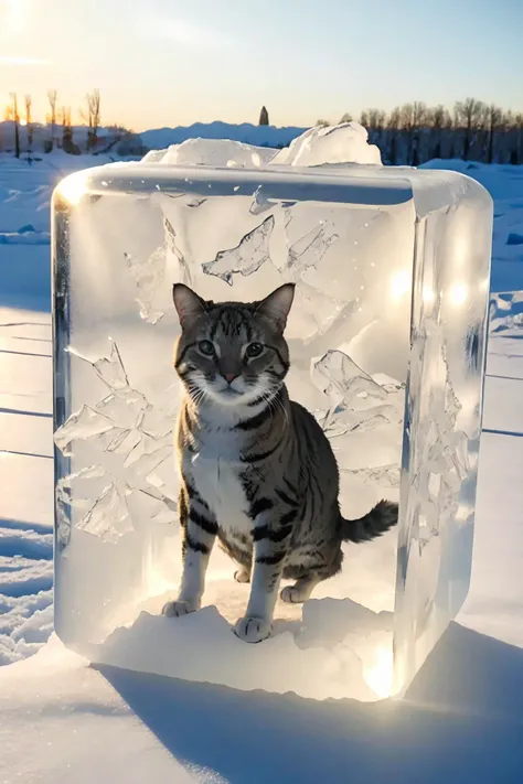 1 cat frozen in a ice block,<lora:frozen_squirrel_v2_128:0.5>,