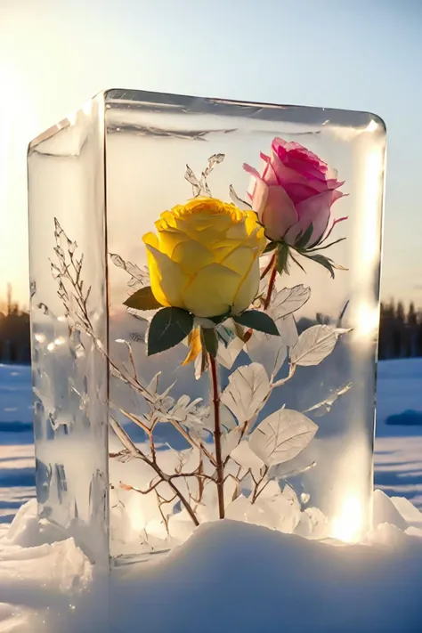 1 rose frozen in a ice block,<lora:frozen_squirrel_v2_128:0.6>,