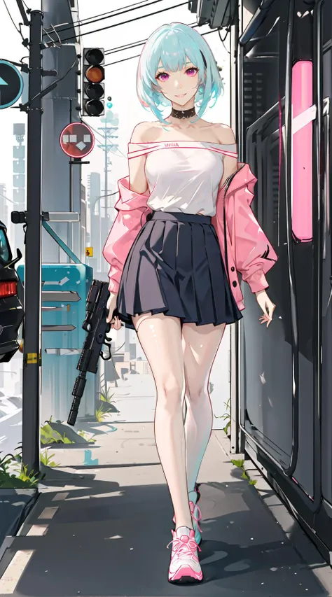 best quality,ultra high res,1girl,solo,full body,5 fingers, detailed hand,white|aqua hair,pink eyes,JK,school uniform,cyberpunk,off shoulder,smile,holding gun,city,neon lights,landscape,night,sneakers,black pantyhose,tall female,mature female,