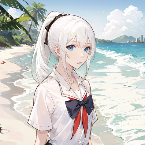 best quality,ultra high res,1girl,solo,upper body,JK,ponytail,white hair,blue eyes,school uniform,white skin,(pale skin:0.5),city,street,beach,sea,