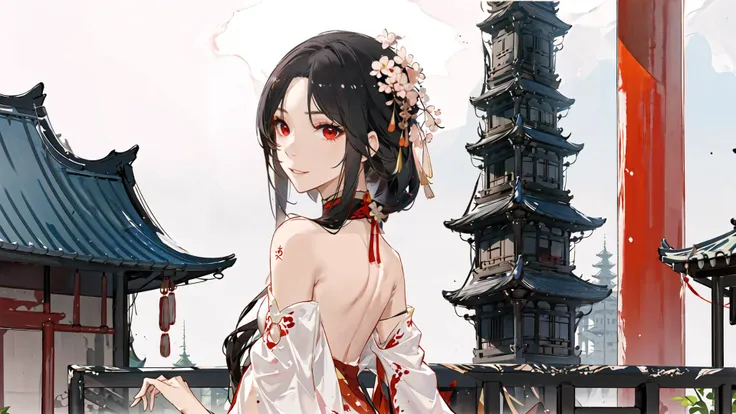 best quality,ultra high res,1girl,solo,upper body,off shoulder,hanfu,street,east asian architecture,tower,mature female,beautiful makeup,detailed face,looking at viewer,from behind,looking back,(black hair),{red eyes),smile,ink wash painting,watercolor,