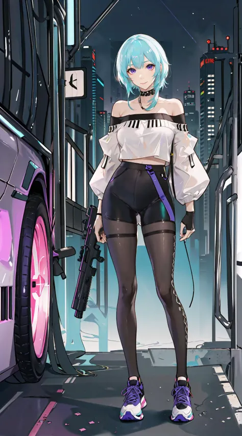 best quality,ultra high res,1girl,solo,full body,5 fingers, detailed hand,white|aqua hair,purple eyes,cyberpunk,off shoulder,smile,holding guns,city,neon lights,landscape,(night:1.5),sneakers,black pantyhose,tall female,mature female,(evening:1.3),