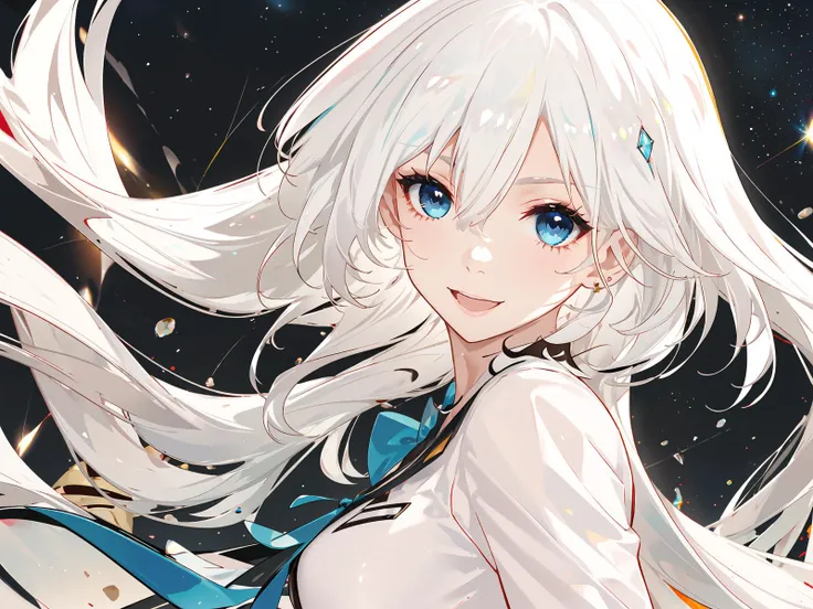 best quality,ultra high res,1girl,upper body,solo,white hair,white eyebrows,white eyelash,aqua eyes,starry sky,universe,galaxy,planetary ring,lighting hair,shiny skin,diamond,JK,school uniform,(smile:0.1),(open mouth:0.1),stardust,(happy:0.1),floating hair,messy hair,