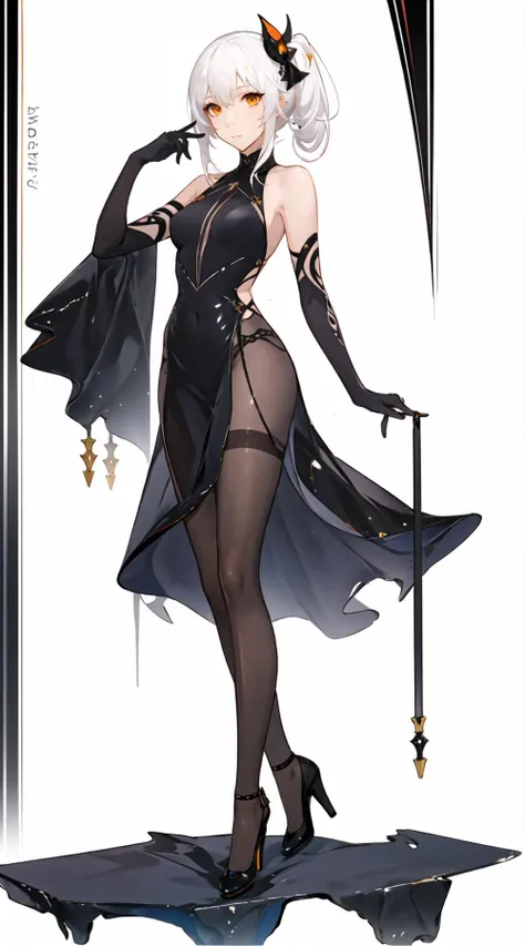 best quality,ultra high res,1girl,solo,full body,expressionless,white hair,tsurime,closed mouth,side ponytail,black evening gown,elbow gloves,orange eyes,high heels,black pantyhose,bar,