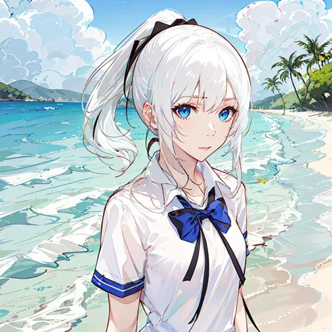 best quality,ultra high res,1girl,solo,upper body,JK,ponytail,white hair,blue eyes,school uniform,white skin,(pale skin:0.5),city,street,beach,sea,