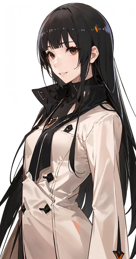 best quality,ultra high res,1girl,solo,upper body,white background,standing,
black hair,hime cut,blunt bangs,straight hair,long hair,brown eyes,beige coat,(tall female:0.6),smile,(small eyes:0.4),tender looks,gentle,(contemporary:1.1),