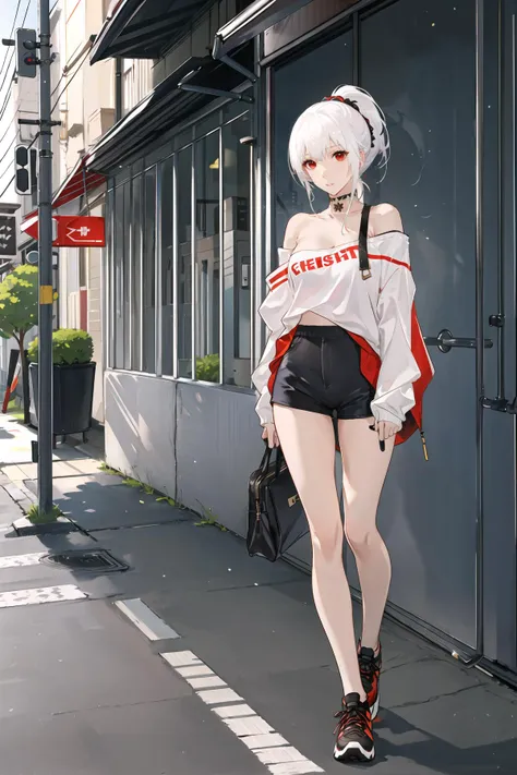 est quality,ultra high res,1girl,solo,full body,JK,ponytail,white hair,red eyes,expressionless,off shoulder,sneakers,short shorts,street,city,